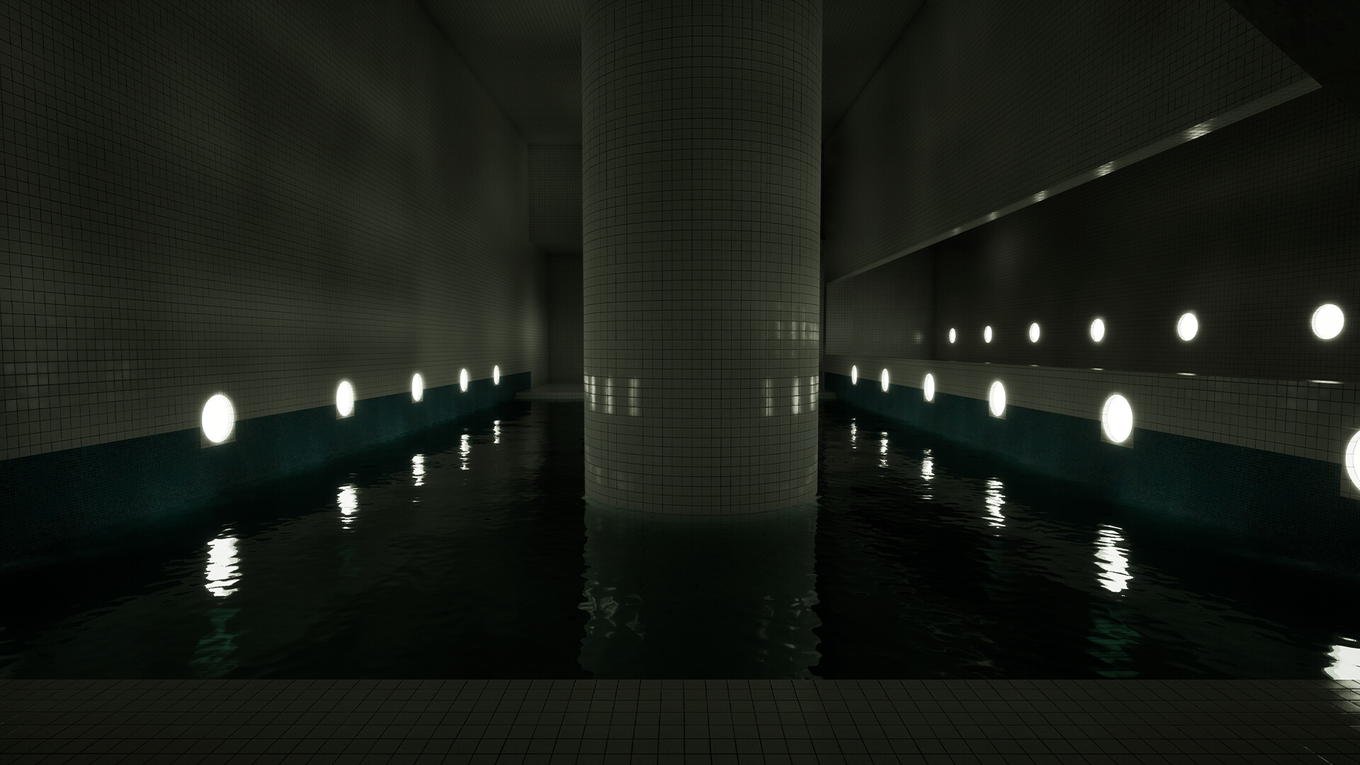 Sunlight reaching a vast tiled pool hall with arches